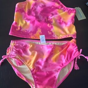Big Kids Girls Vibrant Pink and Yellow Kids Swim Set Tankini Size 16 New
